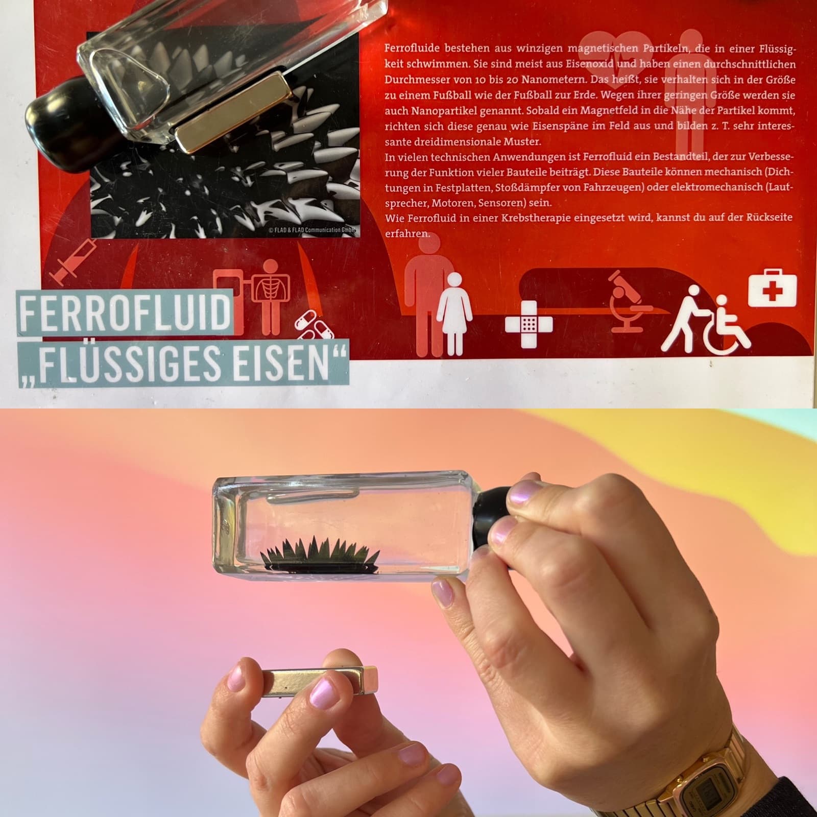 Zwei Hände demonstrieren Ferrofluid "Flüssiges Eisen"