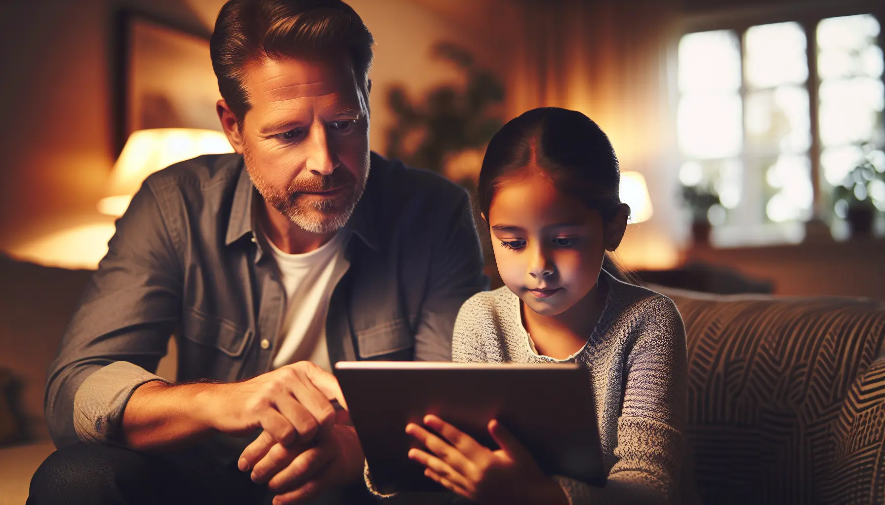 Ein Vater lässt sich von seiner Tochter zeigen, was sie auf dem Tablet in ihrer Freizeit macht