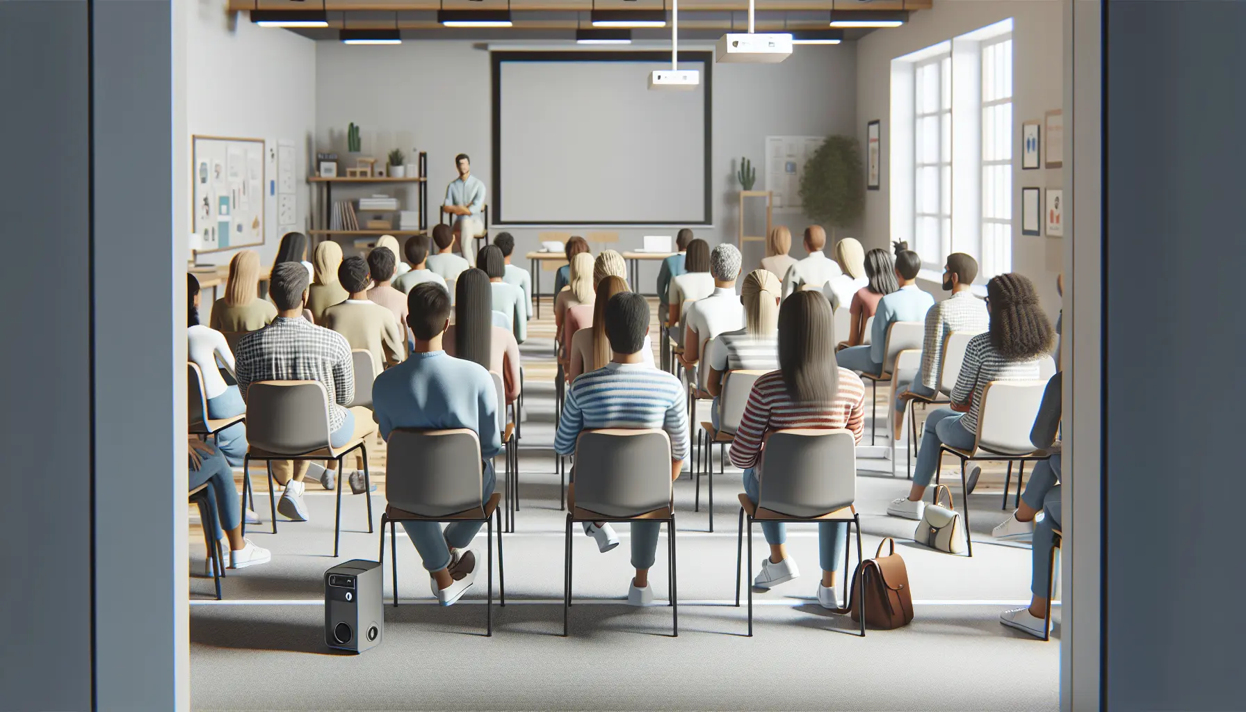 Informationsveranstaltung für Erziehungsberechtigte zum Thema Medien; Personen sitzen auf Stühlen in Richtung des Referenten; Bild wurde mit Hilfe einer KI generiert