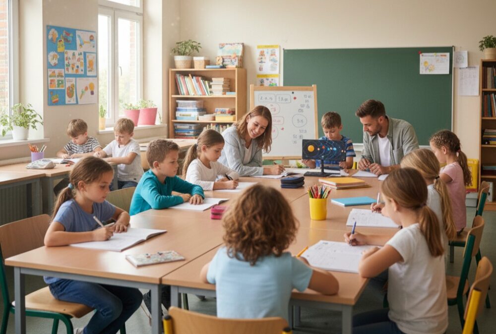 Schüler sitzen in einem Klassenzimmer an einem großen Tisch und werden durch zwei Fachkräfte betreut.