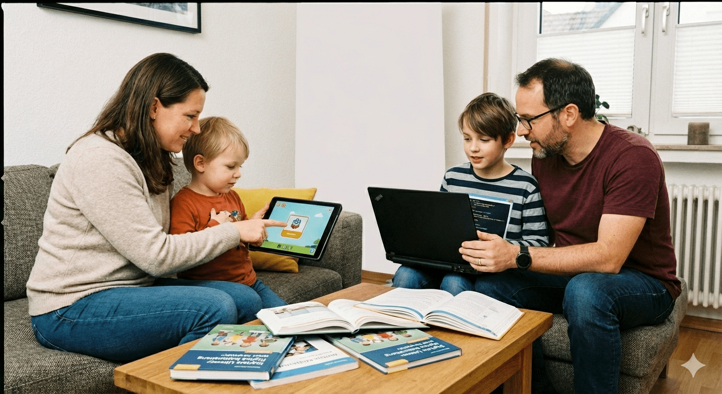 Eine Familie mit zwei kleinen Kindern sitzt am Wohnzimmertisch und spricht über Mediennutzung