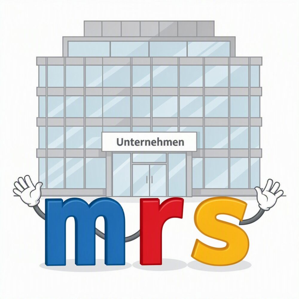 Zeichnung der drei Buchstaben MRS (Merian Realschule) die einem Gebäude mit Namen "Unternehmen" zuwinken.