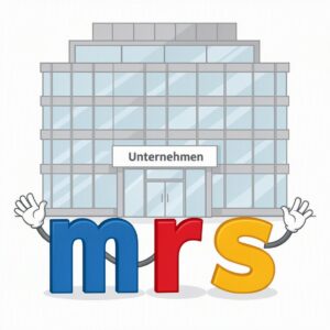 Zeichnung der drei Buchstaben MRS (Merian Realschule) die einem Gebäude mit Namen "Unternehmen" zuwinken.
