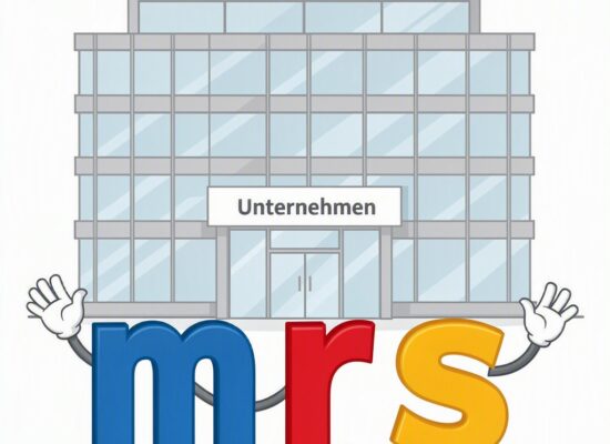 Zeichnung der drei Buchstaben MRS (Merian Realschule) die einem Gebäude mit Namen "Unternehmen" zuwinken.