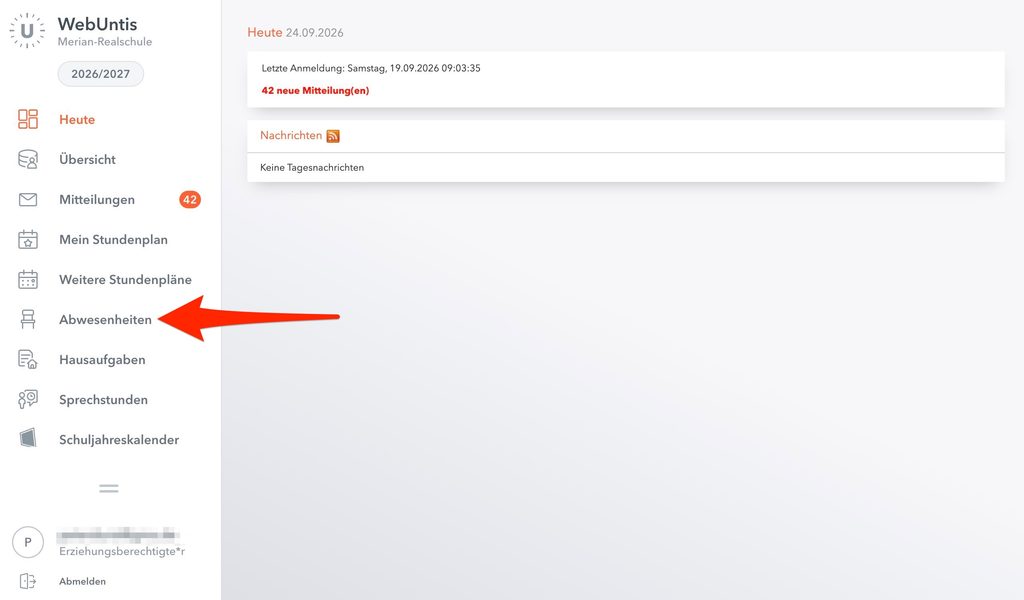 Screenshot WebUntis Portal Eltern und Erziehungsberechtigte