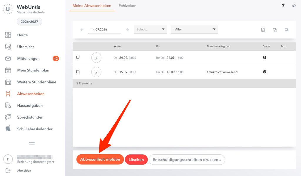Screenshot WebUntis Portal Eltern und Erziehungsberechtigte