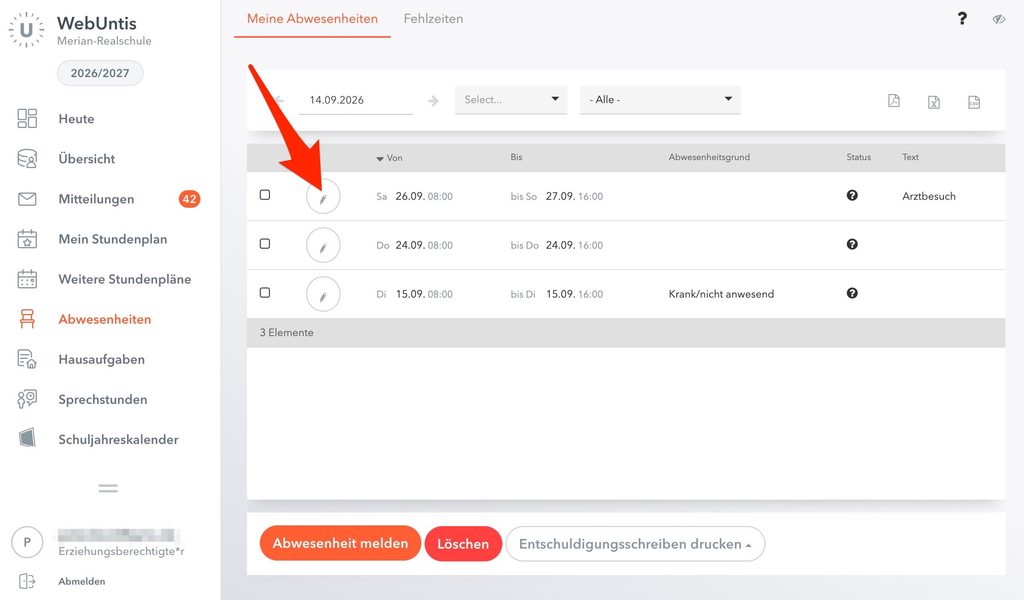 Screenshot WebUntis Portal Eltern und Erziehungsberechtigte