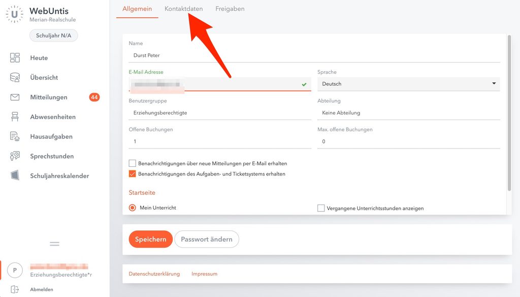 Screenshot WebUntis Portal Eltern und Erziehungsberechtigte