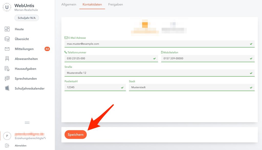 Screenshot WebUntis Portal Eltern und Erziehungsberechtigte: Eingabe Kontaktdaten