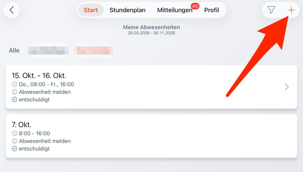 Screenshot Untis App Abwesenheit