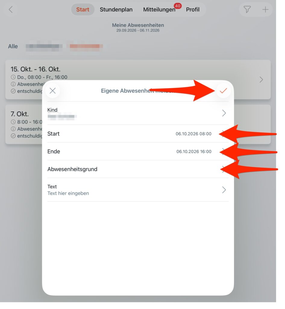 Screenshot Untis App Abwesenheit