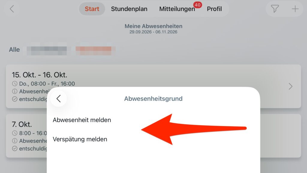 Screenshot Untis App Abwesenheit