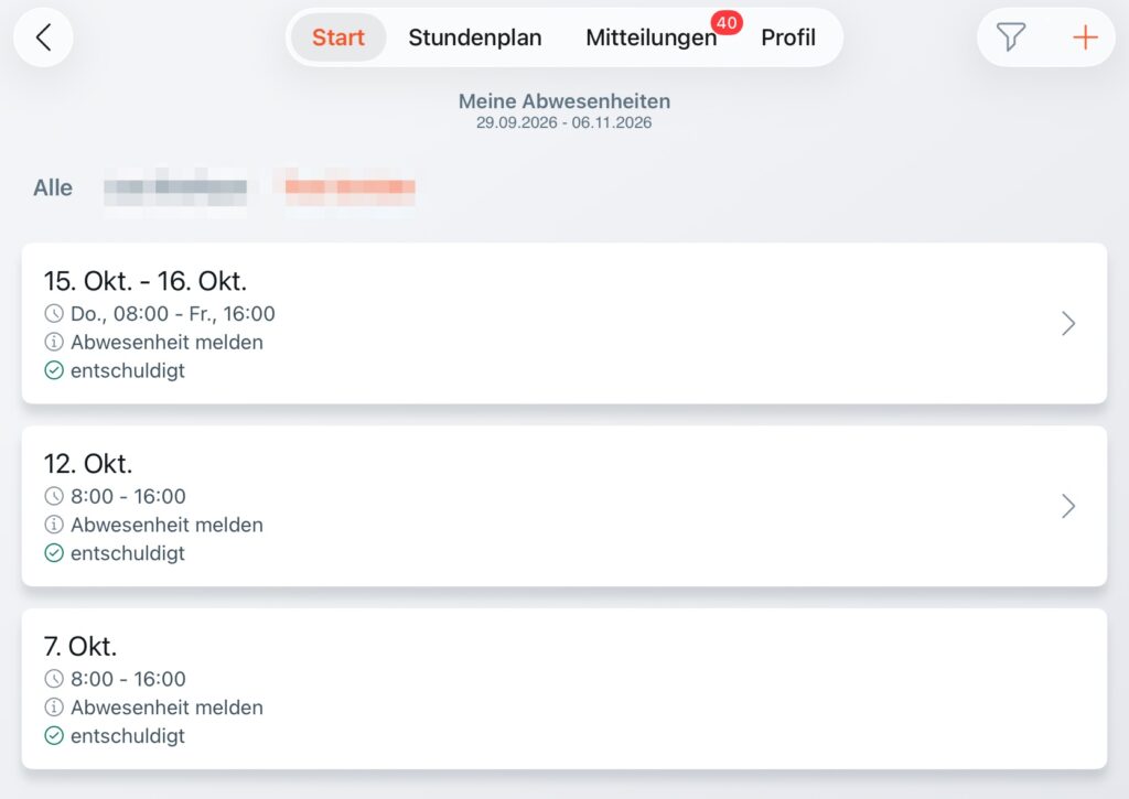 Screenshot Untis App Abwesenheit